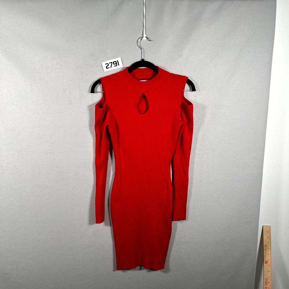 Say What Sweater Dress Womens Medium Red Tight Knit Ribbed Keyhole Cold Shoulder